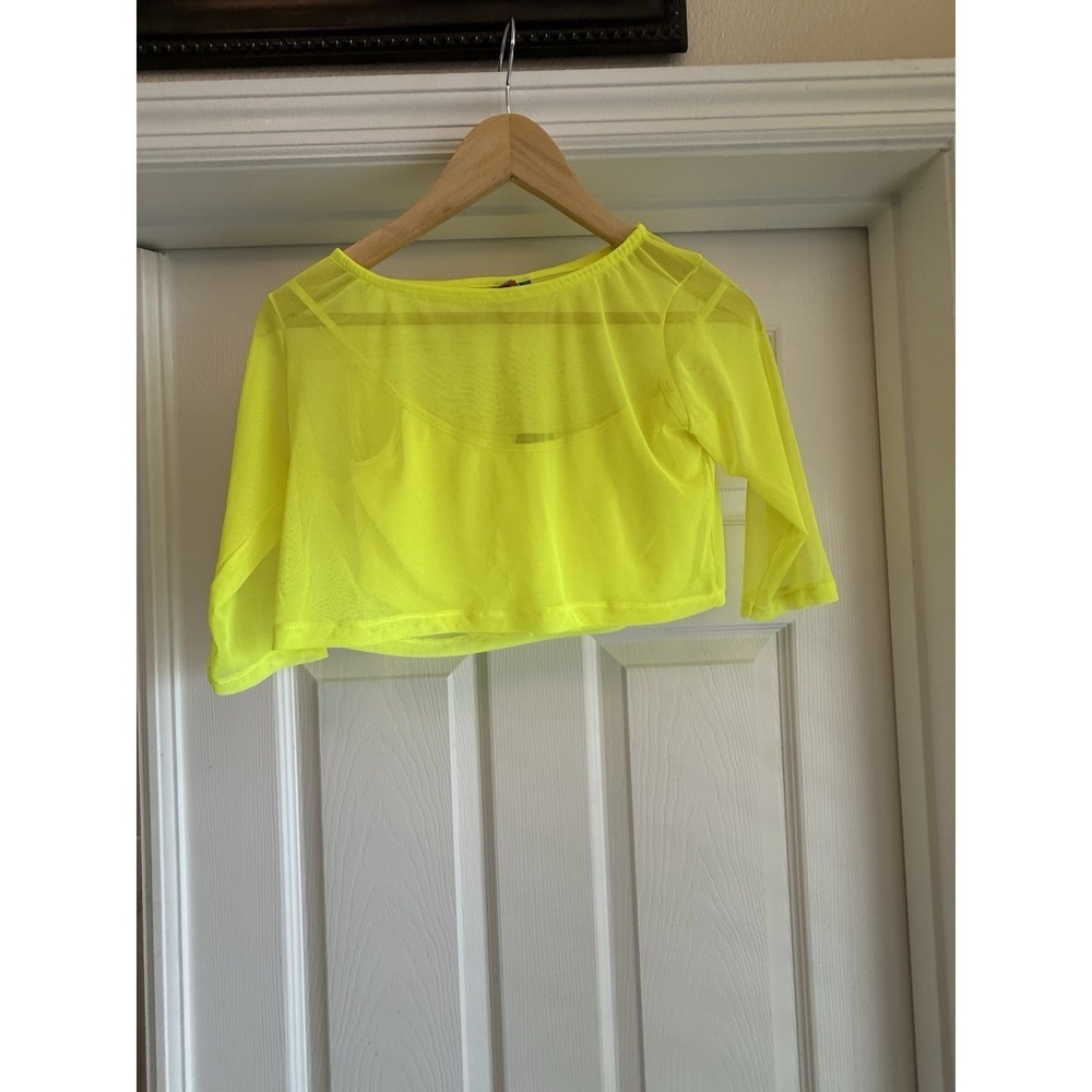 Farm Rio Crop Top Set Womens Neon Yellow Mesh Sheer Layered 2 Piece